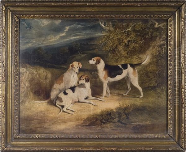 Three Hunting Dogs In A Landscape Oil Painting by Henry Perlee Parker