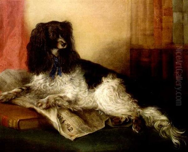 Portrait Of A King Charles Spaniel Seated On A Book And Newspaper by Henry Perlee Parker