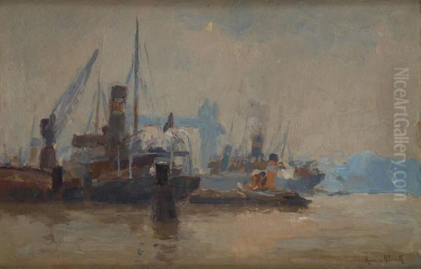 Cargo Et Remorqueur Pres Dupont De Londres Oil Painting by Maurice Blieck