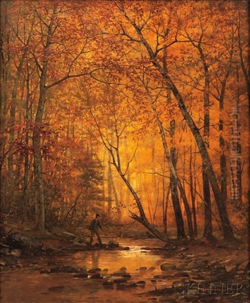 Wayfarer By A Stream, Autumn Oil Painting by John Adams Parker