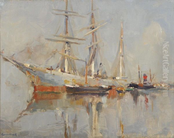 Continental Harbour Scene With Shipping Oil Painting by Maurice Blieck