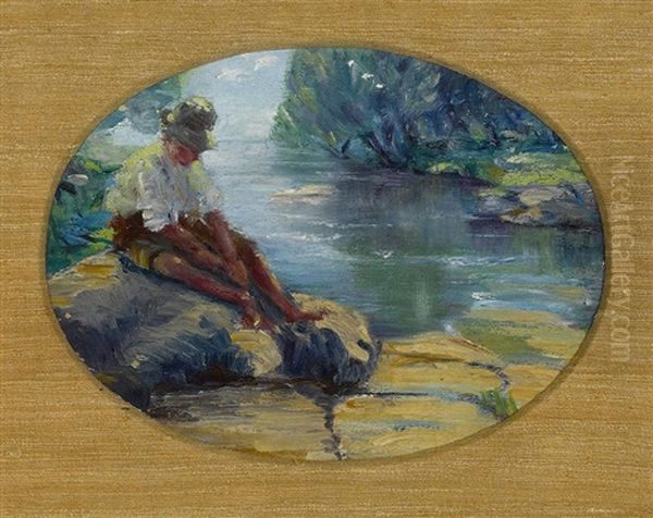 A Boy Sitting On Rocks By A River Oil Painting by Lawton S. Parker