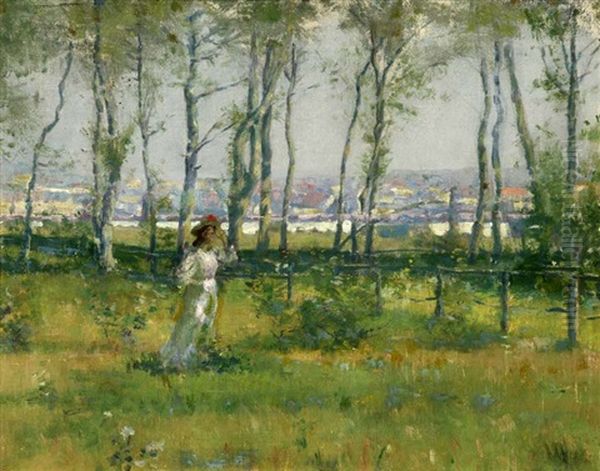 Woman In Landscape With City Through The Trees Oil Painting by Lawton S. Parker