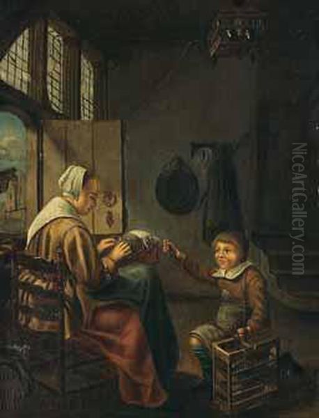 Bub Und Magd Beim Kloppeln In Einer Stube. Oil Painting by Pieter Bliek