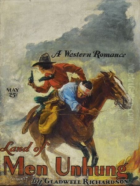 Woman Rescuing Wounded Cowboy On Horseback (magazine Cover Illus. For Issue Of Wild West Stories And Complete Novel Magazine) Oil Painting by Harry Landon Parkhurst