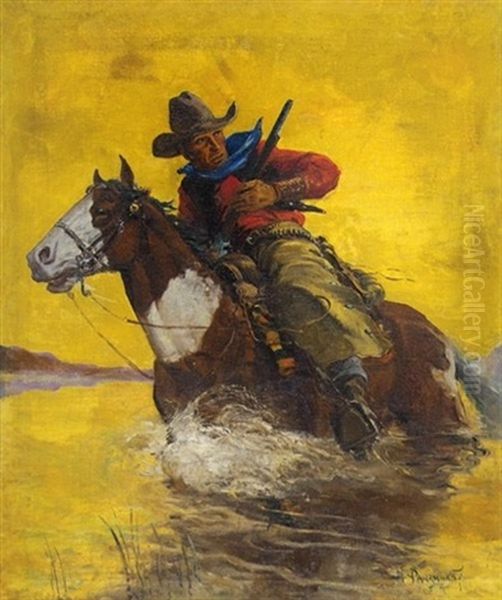 Rifleman On Horseback Crossing River (illus. For Western Story Magazine) Oil Painting by Harry V. Parkhurst