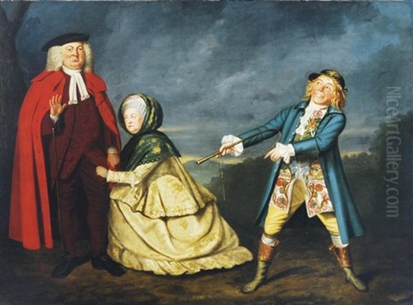 Edward Shuter As Mr. Hardcastle, Jane Green As Mrs. Hardcastle And John Quick As Tony Lumpkin, In The Play She Stoops To Conquer By Oliver Goldsmith Oil Painting by Thomas Parkinson