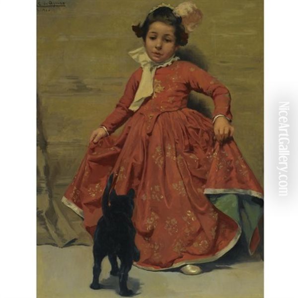 Senorita Bailando Para Su Gato - Girl Dancing For Her Cat Oil Painting by Andres (Comte) Parlade y Heredia