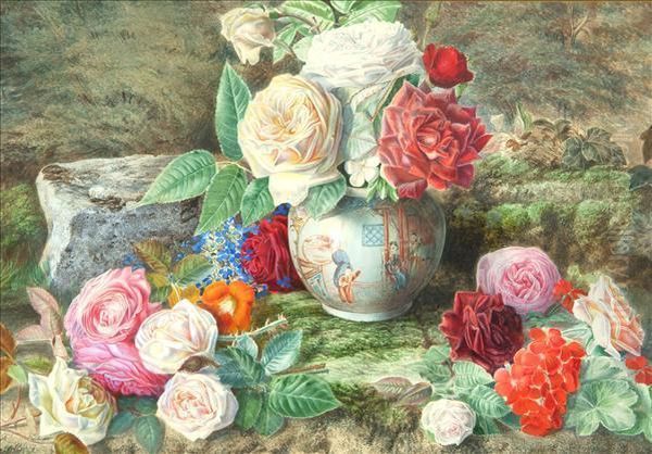 Still Life Of Roses And Geraniums In An Oriental Vase Oil Painting by Jabez Bligh