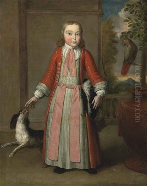 Portrait Of A Boy, Full-length, In A Red Coat, A Parrot And A Dog At His Side, On A Terrace Oil Painting by Jacques Parmentier