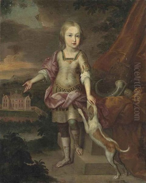 Portrait Of A Boy In Roman Attire, With A Dog, In The Grounds Of An Estate Oil Painting by Jacques Parmentier