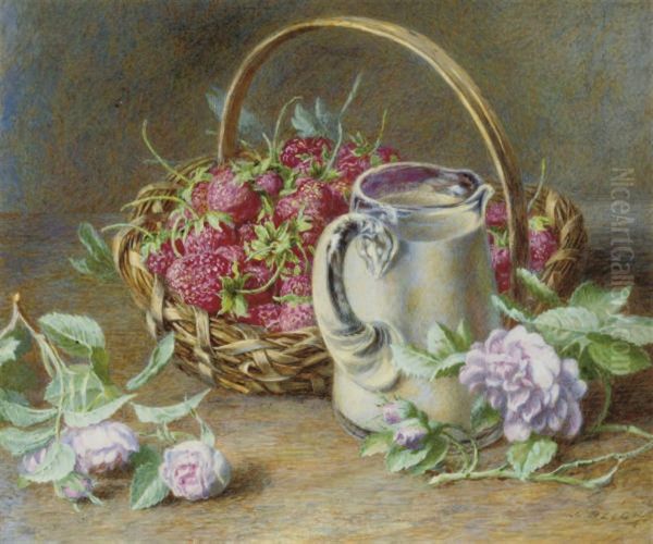 Still Life Of A Basket Of Strawberries And A Jug Of Cream Oil Painting by Jabez Bligh