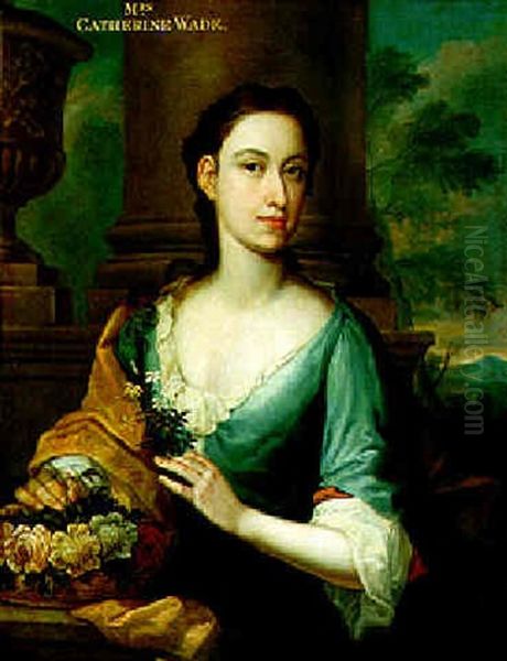 Portrait Of Catherine, Wife Of Joseph Wade Standing By A Pillar Oil Painting by Jacques Parmentier