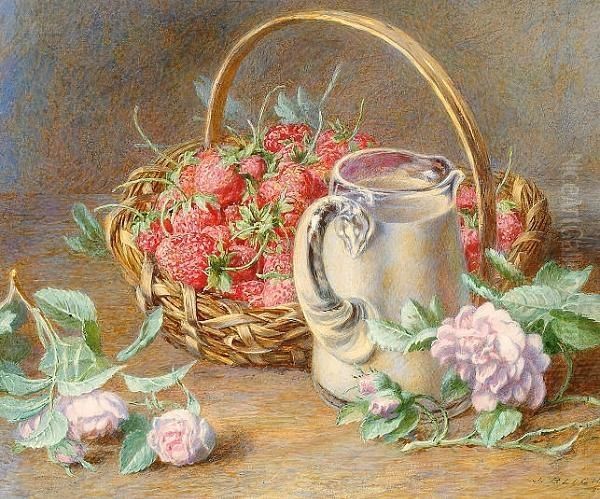 A Still Life Of Strawberries Arranged In A Basket, A Milk Jug, And Scattered Flowers. Oil Painting by Jabez Bligh