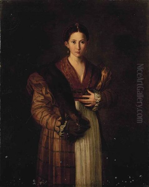 Portrait Of A Lady, Known As Antea, Three-quarter-length, In An Ochre Dress With A Stoat Over Her Shoulder Oil Painting by  Parmigianino