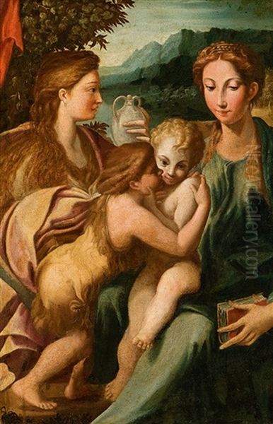 Maria Und Elisabeth Mit Ihren Sohnen Jesus Und Johannes Als Kinder Oil Painting by  Parmigianino