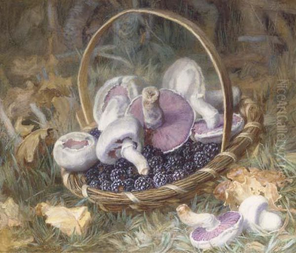 A Basket Of Wild Mushrooms And Blackberries Oil Painting by Jabez Bligh