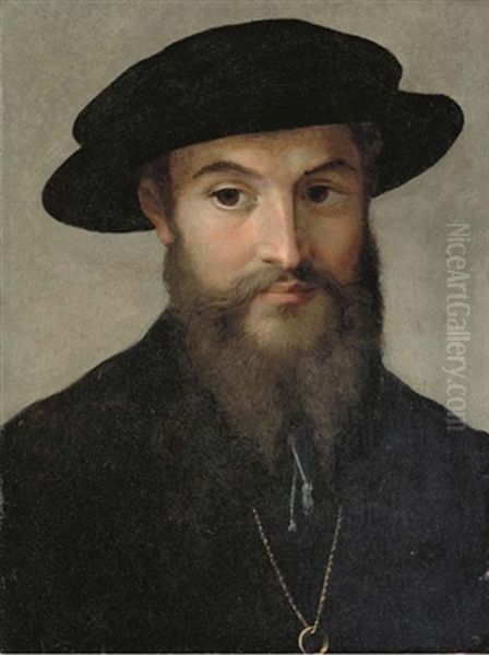 Portrait Of A Bearded Man, Bust-length, In A Black Hat, Wearing A Gold Chain With A Ring Oil Painting by  Parmigianino