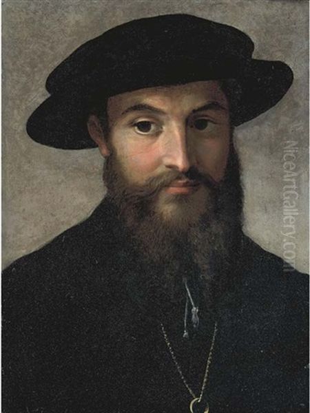 Portrait Of A Bearded Man, Bust-length, In A Black Hat, Wearing A Gold Chain With A Ring Oil Painting by  Parmigianino