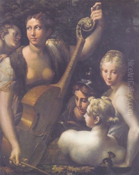 A Concert With Minerva, Juno And Venus Listening To A Young Bare-chested Woman Playing The Viola Da Gamba With Cupid Looking On Oil Painting by  Parmigianino