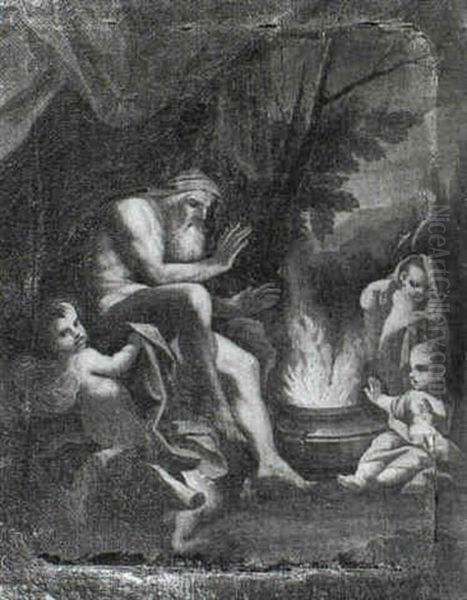 Time Warming Himself At A Fire Within A Cauldron Attended   By Three Putti Oil Painting by  Parmigianino (Michele da Parma)