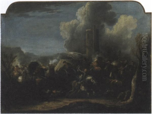 Scontro Di Cavalleria Con Torre Circolare In Lontananza Oil Painting by Ciriaco Parmigiano