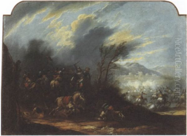 Scontro Di Cavalleria Con Citta Fortificata In Lontananza Oil Painting by Ciriaco Parmigiano