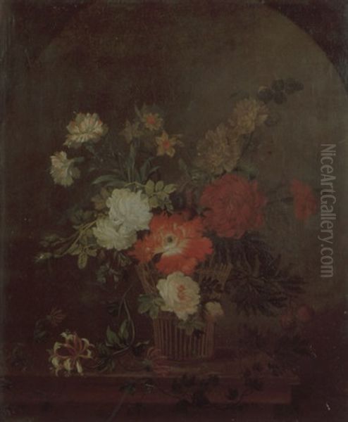 A Still Life Of Roses, Tulips, Carnations And Honeysuckle In A Basket Resting On A Ledge Oil Painting by Philippe Parpette