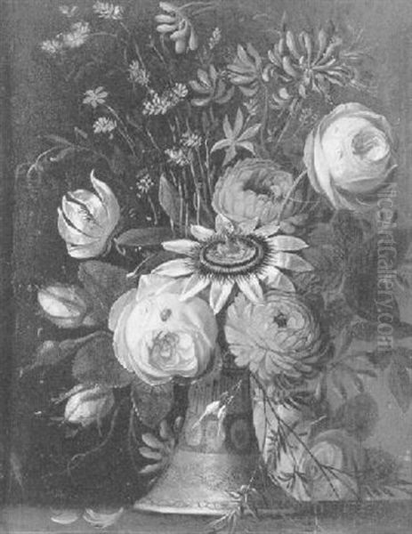 Bouquet De Fleurs Dans Un Vase En Porcelaine Sur Un Entablement Oil Painting by Philippe Parpette