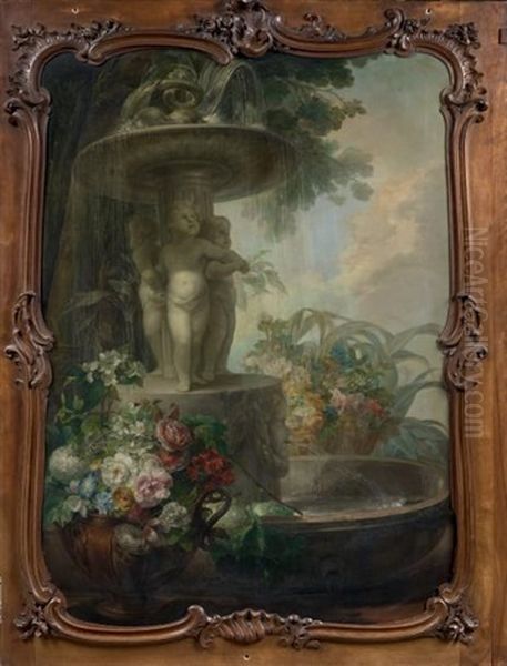 Vase De Fleurs Devant Un Miroir (+ Fleurs Et Fontaine Aux Putti; Pair) Oil Painting by Miguel Parra Abril