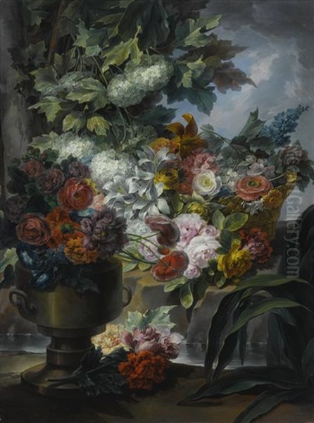 An Outdoor Scene With A Fountain, An Urn And A Basket Of Roses, Peonies, Poppies, Hydrangeas And Other Flowers Oil Painting by Miguel Parra Abril