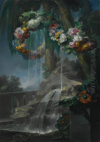 An Outdoor Scene With A Spring Flowing Into A Pool, With Garlands Of Flowers And An Aqueduct Beyond Oil Painting by Miguel Parra Abril