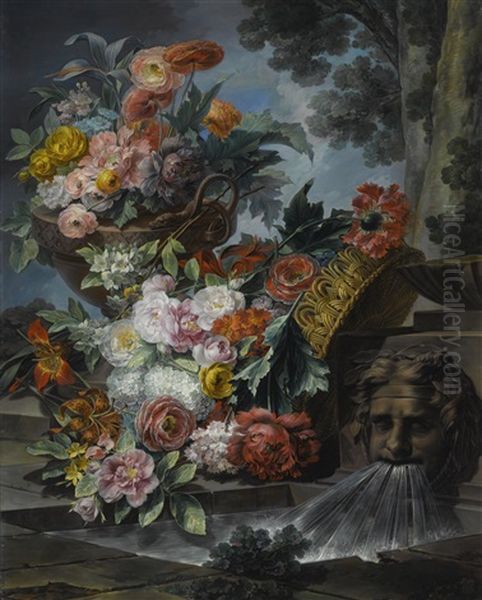 An Outdoor Scene With A Pool Of Water, A Basket And An Urn Filled With Carnations, Roses, Peonies, Lilies, Hydrangeas And Other Flowers Oil Painting by Miguel Parra Abril