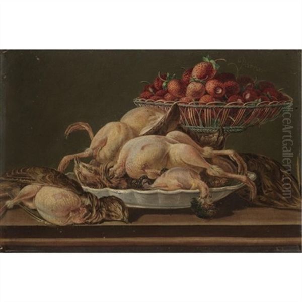 Still Life With Plucked Game And A Basket Filled With Strawberries Oil Painting by Miguel Parra Abril