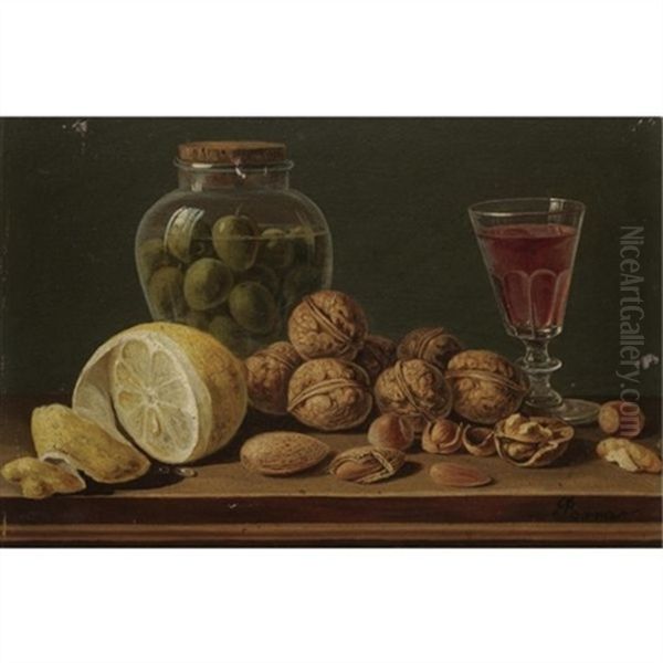 Still Life With Walnuts, Olives In A Glass Jar, A Partly Peeled Lemon And A Glass Of Red Wine Oil Painting by Miguel Parra Abril