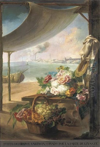 Puerto De Grao De Valencia Con Un Bodegon De Flores, Frutas Y Otros Objetos En Primer Termino Oil Painting by Miguel Parra Abril