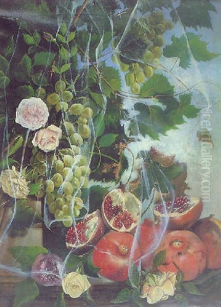 Bodegon Con Granadas, Uvas Y Rosas Oil Painting by Miguel Parra Y Soler