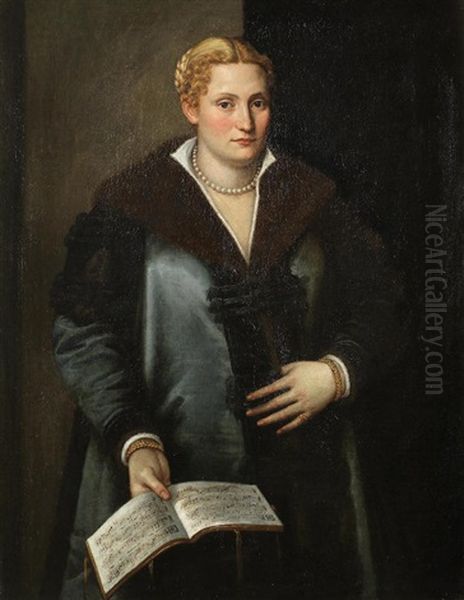 Portrait Of A Diva, Said To Be Artemisia Roberti, Three-quarter-length, Wearing A Fur-lined Coat, Pearls, And Holding A Musical Score Oil Painting by Micheli Parrasio