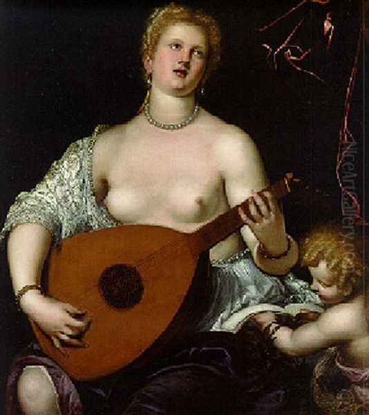 A Woman Playing A Lute With A Putto Holding A Book Of Music by Micheli Parrasio