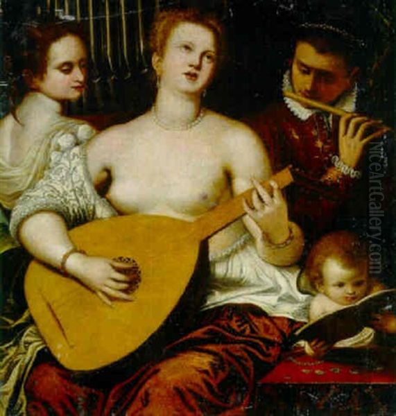 Two Girls And A Youth Making Music Oil Painting by Micheli Parrasio