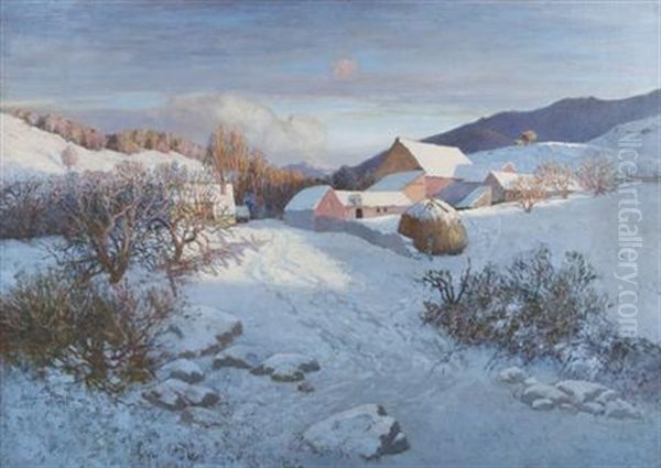 Farm Buildings In Snow Oil Painting by Stephen Parrish