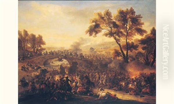 Scene De Choc De Cavalerie Pres D'un Pont Oil Painting by Charles Parrocel