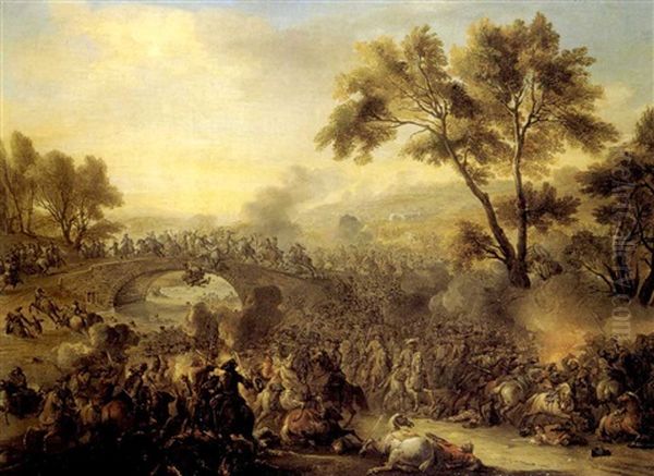 Scene De Choc De Cavalerie Pres D'un Pont Oil Painting by Charles Parrocel