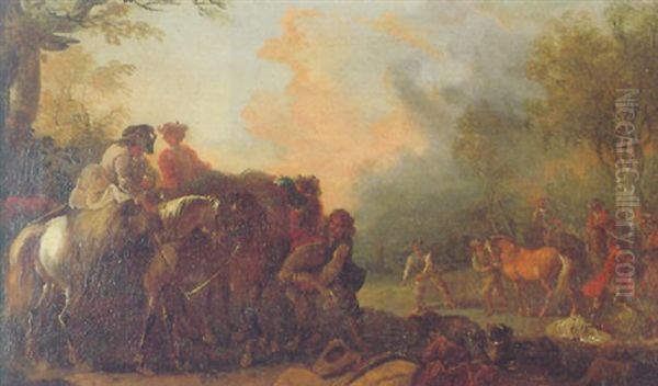 Cavalry Officers Mounting Their Horses In An Encampment Outside A Village Oil Painting by Charles Parrocel