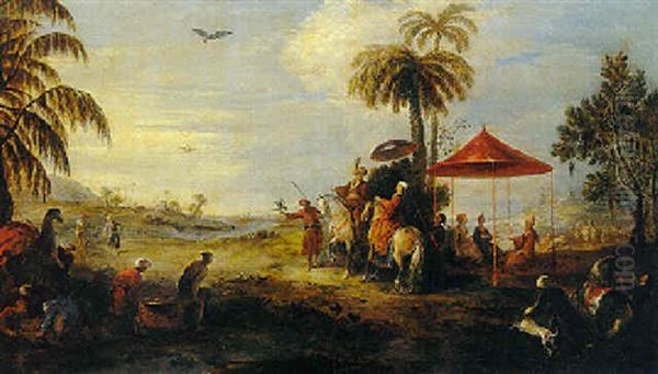 Scene Orientale De Chasse Au Faucon, Avec Personnages Assis Sous Une Tente Oil Painting by Charles Parrocel