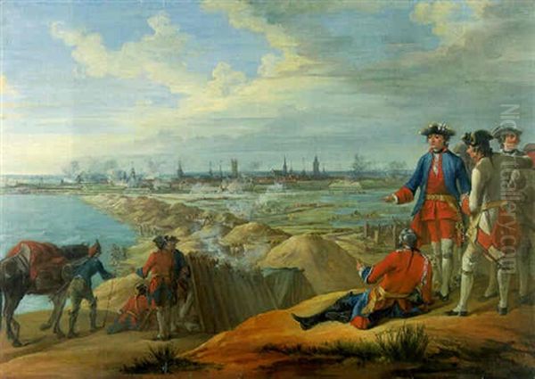 The Battle Of Bruges, With Officers Assembled On A Hill In The Foreground Oil Painting by Charles Parrocel