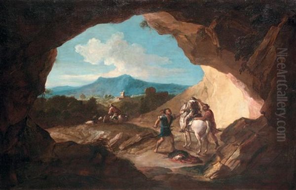 Attaque Des Brigands (+ L'approche Du Ford; Pair) Oil Painting by Ignace Jacques Parrocel