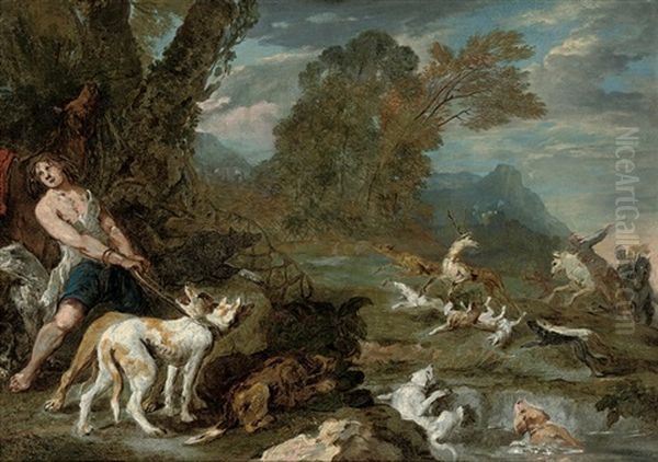 A Deerhunt In A Wooded River Landscape (study) Oil Painting by Ignace Jacques Parrocel