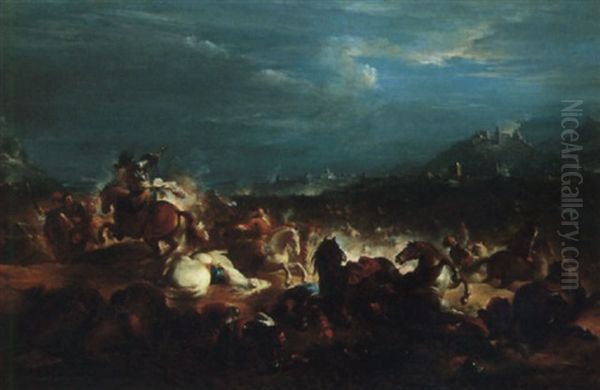 A Cavalry Engagement Before A Fortified City Oil Painting by Ignace Jacques Parrocel