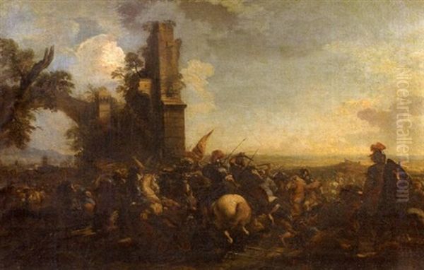 Combat De Cavaliers En Armure, Au Pied D'une Ruine Oil Painting by Joseph Parrocel